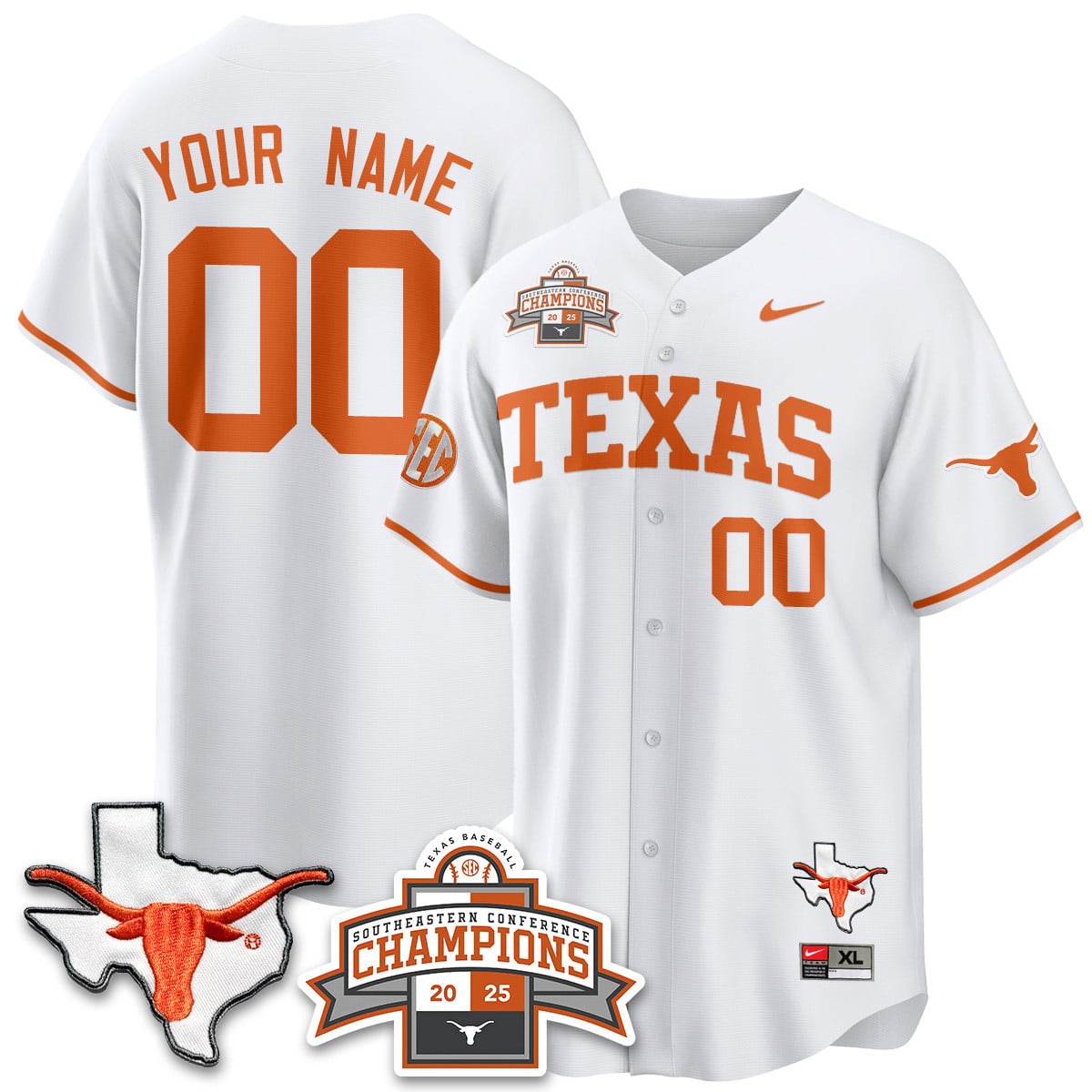 Custom Texas Baseball 2025 Southeastern Conference Champions Jersey - All Stitched