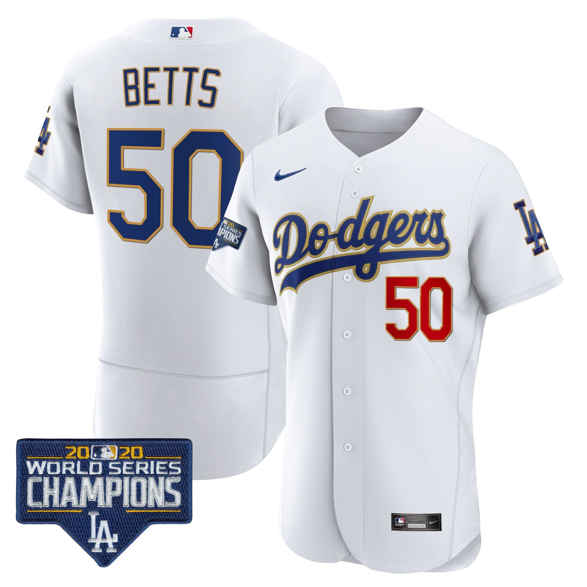 Men's Dodgers World Series Champions Patch Flex Base Gold Trim Jersey - All Stitched