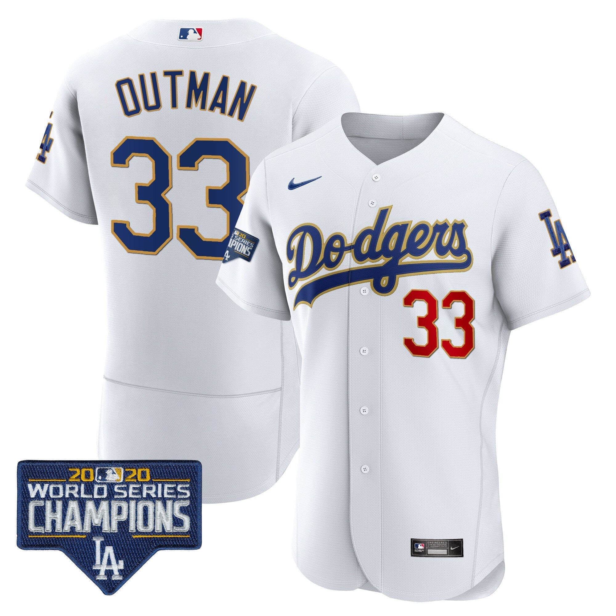 Men's Dodgers World Series Champions Patch Flex Base Gold Trim Jersey - All Stitched