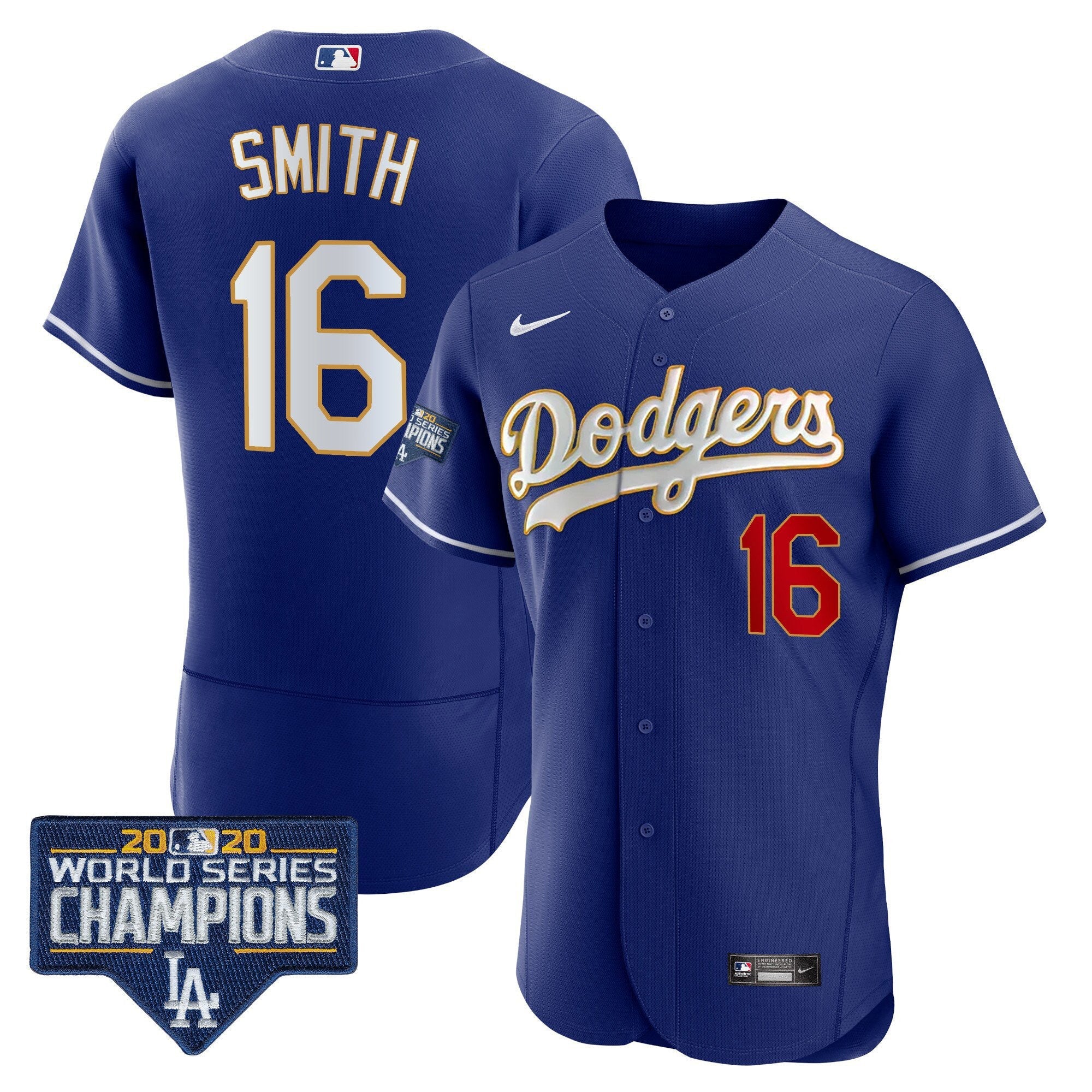 Men's Dodgers World Series Champions Patch Flex Base Gold Trim Jersey - All Stitched