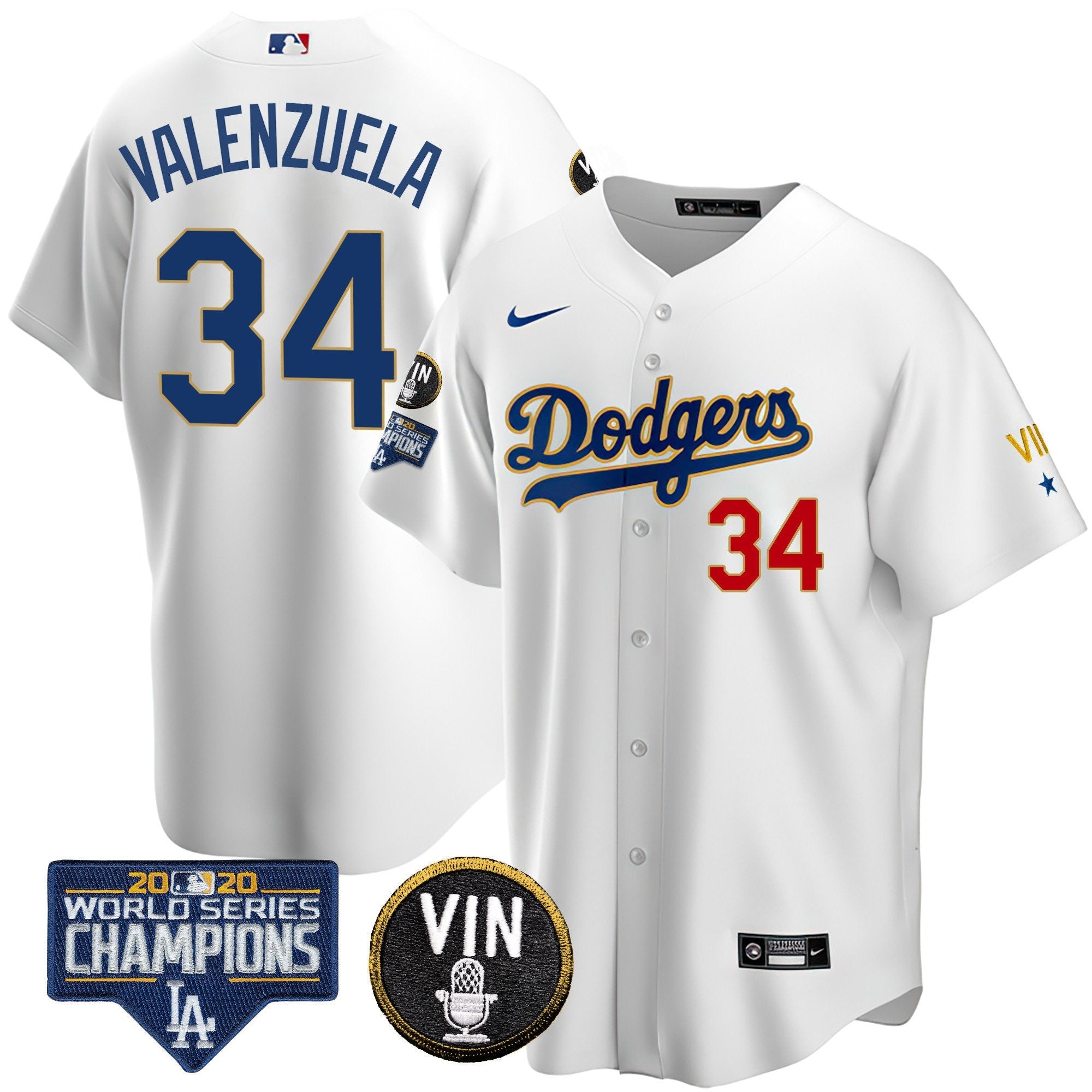 Men's Dodgers World Series & Vin Sculy Patch Gold Jersey - All Stitched