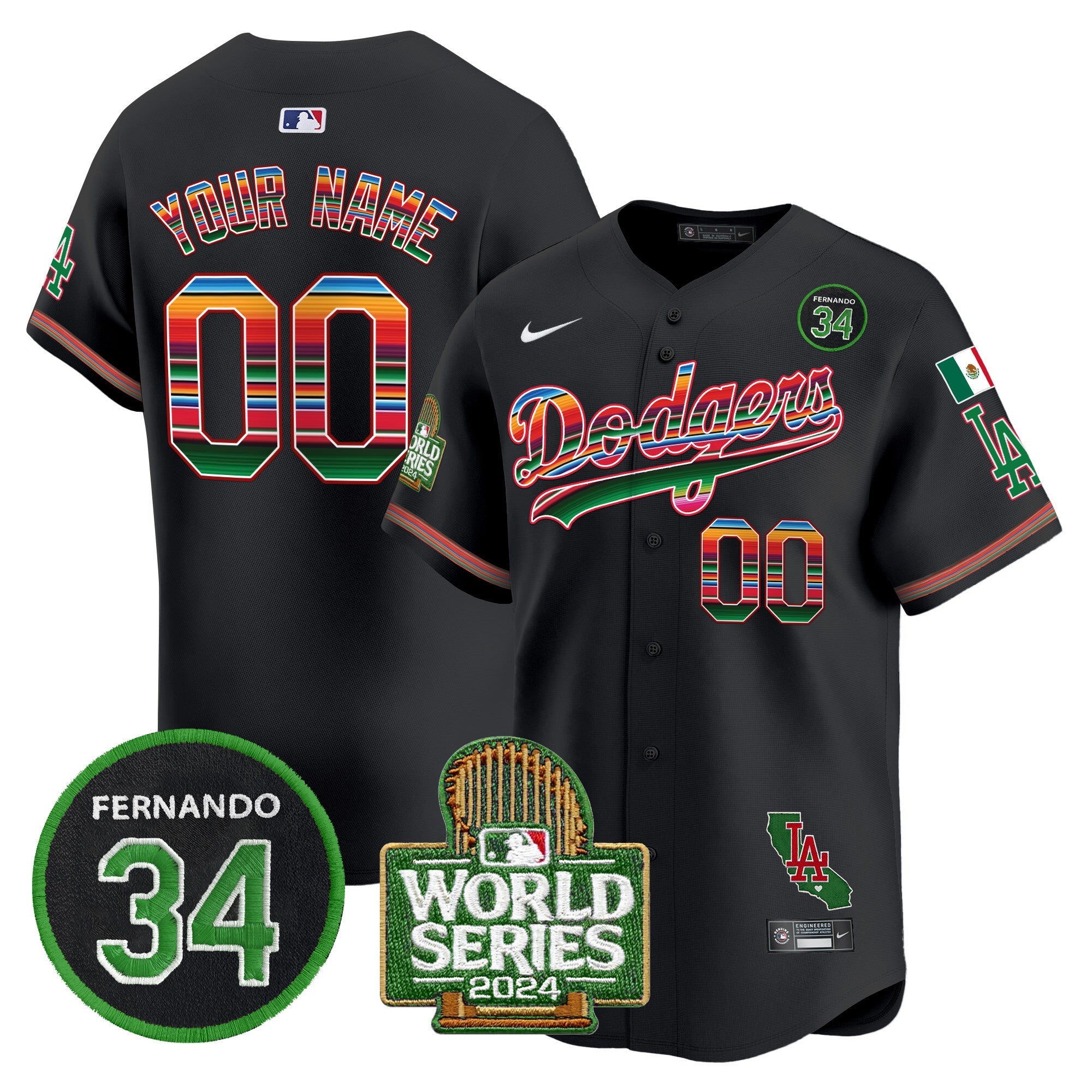 Custom Name/Gender Dodgers Mexico Fernando Memorial & 2024 World Series Patch Vapor Premier Limited Jersey - All Stitched