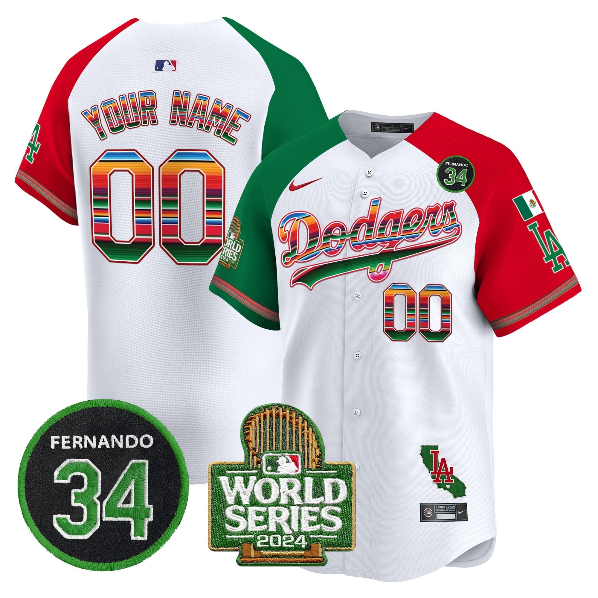 Custom Name/Gender Dodgers Mexico Fernando Memorial & 2024 World Series Patch Vapor Premier Limited Jersey - All Stitched
