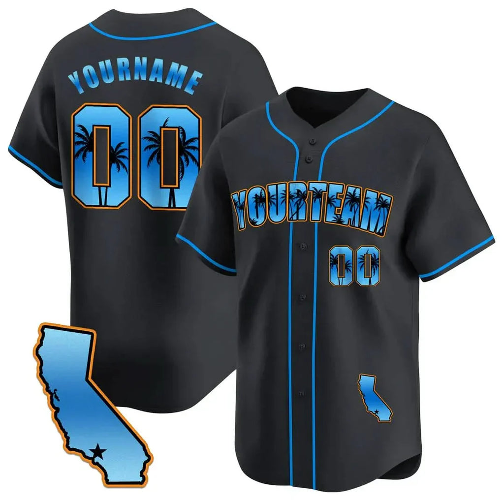 CUSTOM BLACK BLUE CALIFORNIA BEACH BASEBALL JERSEY - EMBROIDERED
